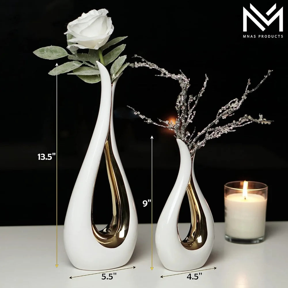 White Ceramic Decorative Vases, Set of 2, Nordic, Modern, Minimalist Design, for Home Decor, Bedroom, Weddings, Restaurants