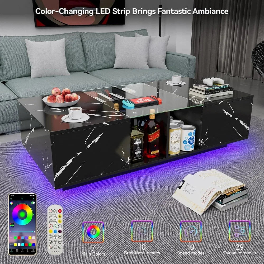 Coffee Table with Storage Space, LED Modern Rectangular Wooden Coffee Table, Artificial Marble Glass Center Table