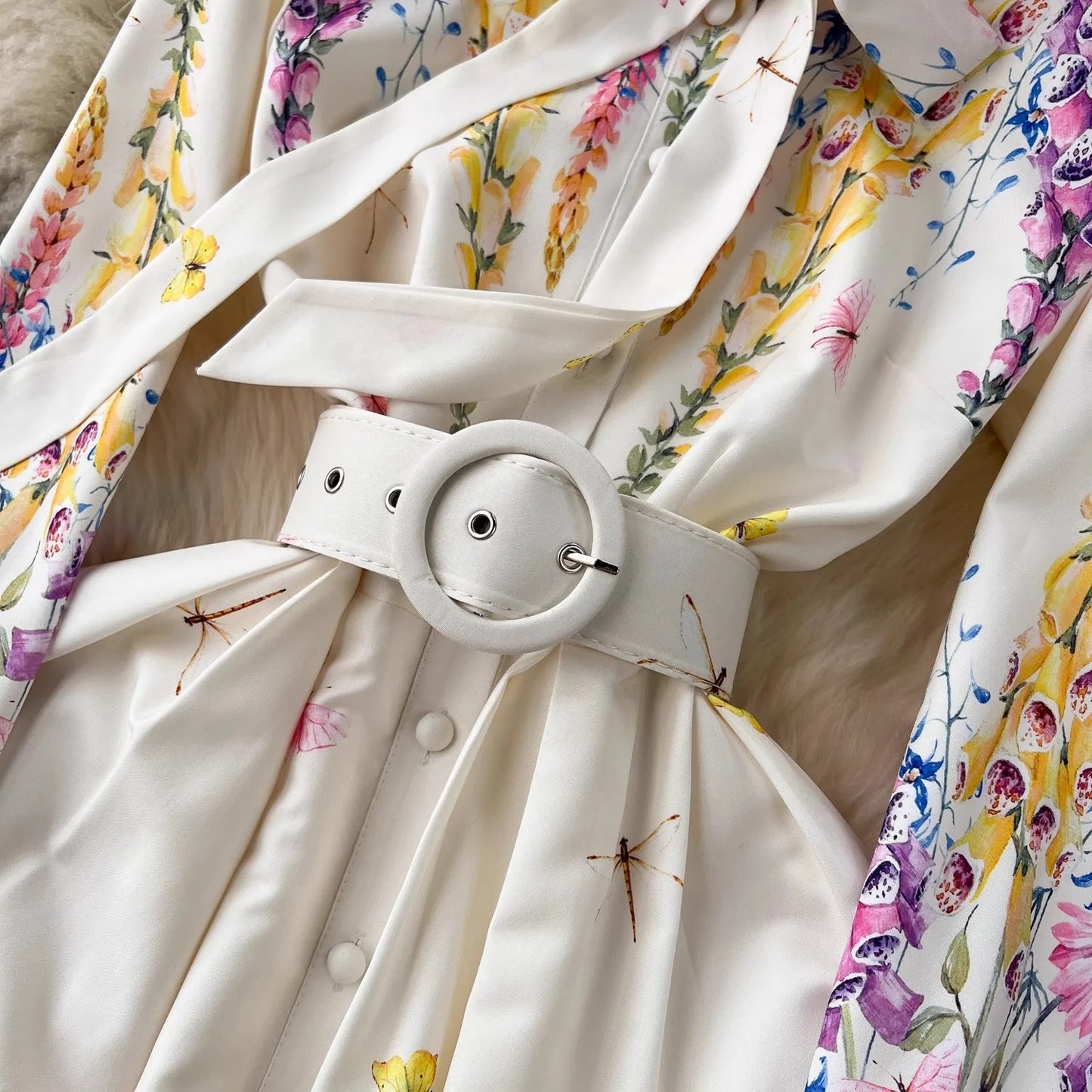 Summer Holiday Lavender Flower Dress Women Bow Collar Long Sleeve Floral Print Belt Single Breasted Belt Long Robe Vestidos 6239