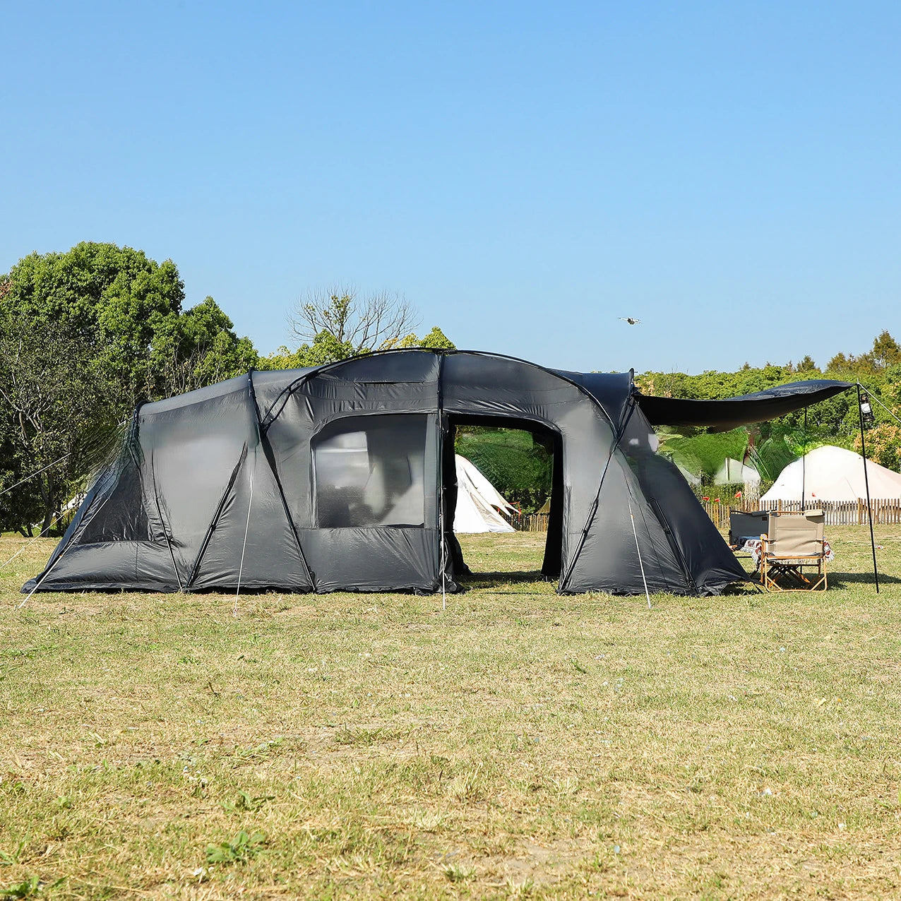 6-8 Person Luxury Black Glue Outdoor Camping Tunnel Family Tent Car SUV Beach Awning Team Hiking Canopy Mountaineering Shelter