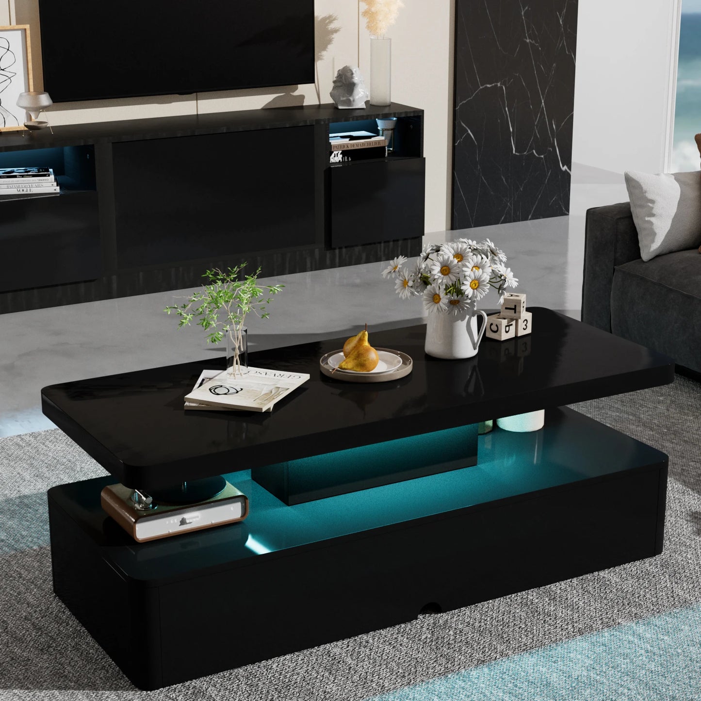 Modern Stylish Coffee Table with 16 Colors LED Lights, Double-Layer Design for Living Room, Black