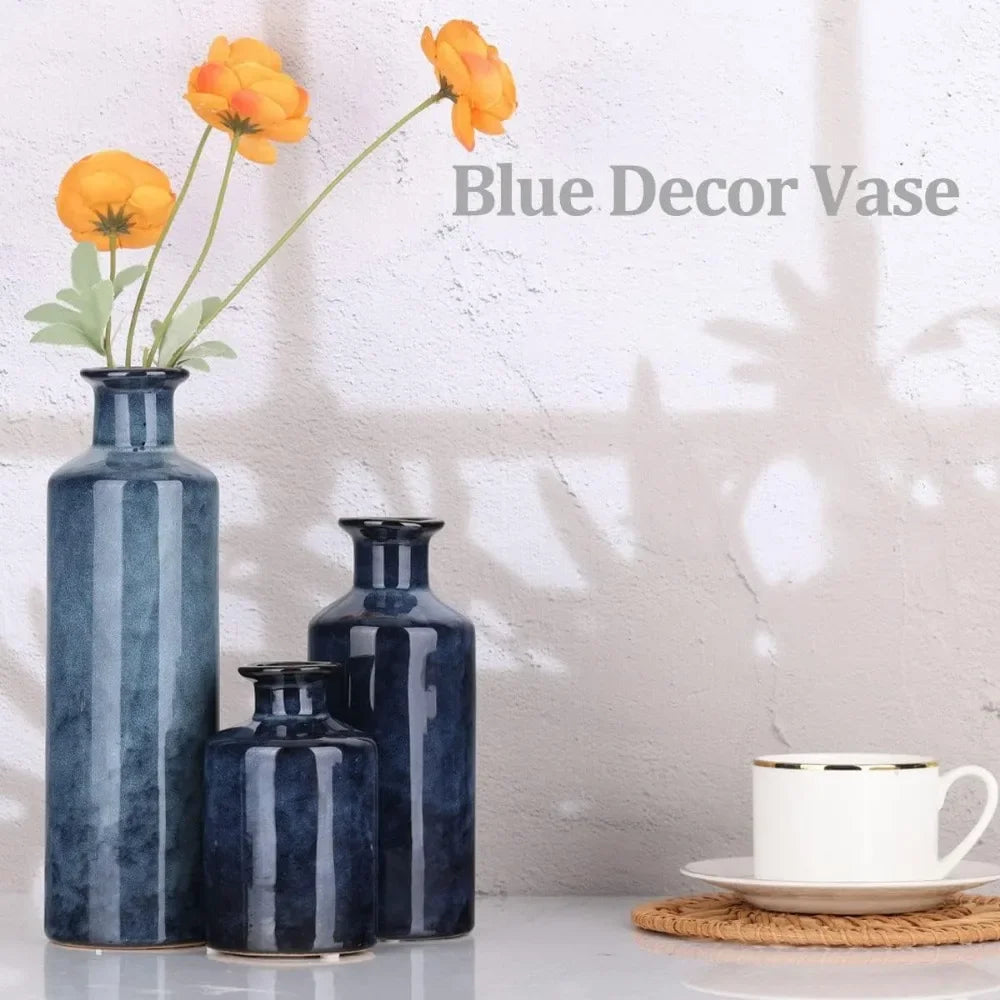 Blue Ceramic Vases Set - 3 Blue Small Vase, Farmhouse Country Blue Vases Home Decor, Living Room Decoration, Table Decoration