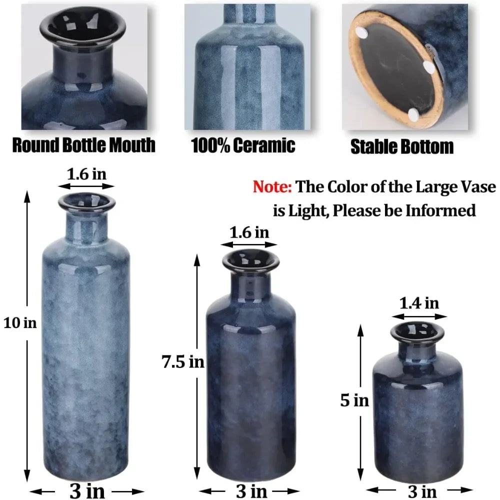 Blue Ceramic Vases Set - 3 Blue Small Vase, Farmhouse Country Blue Vases Home Decor, Living Room Decoration, Table Decoration