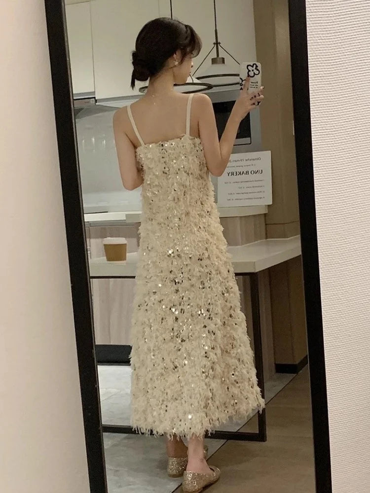 Women Fashion Summer Straps Dress Sexy V-Neck Party Shiny Sequin Tassel Long es High Waist Elegant Sleeveless A-Line