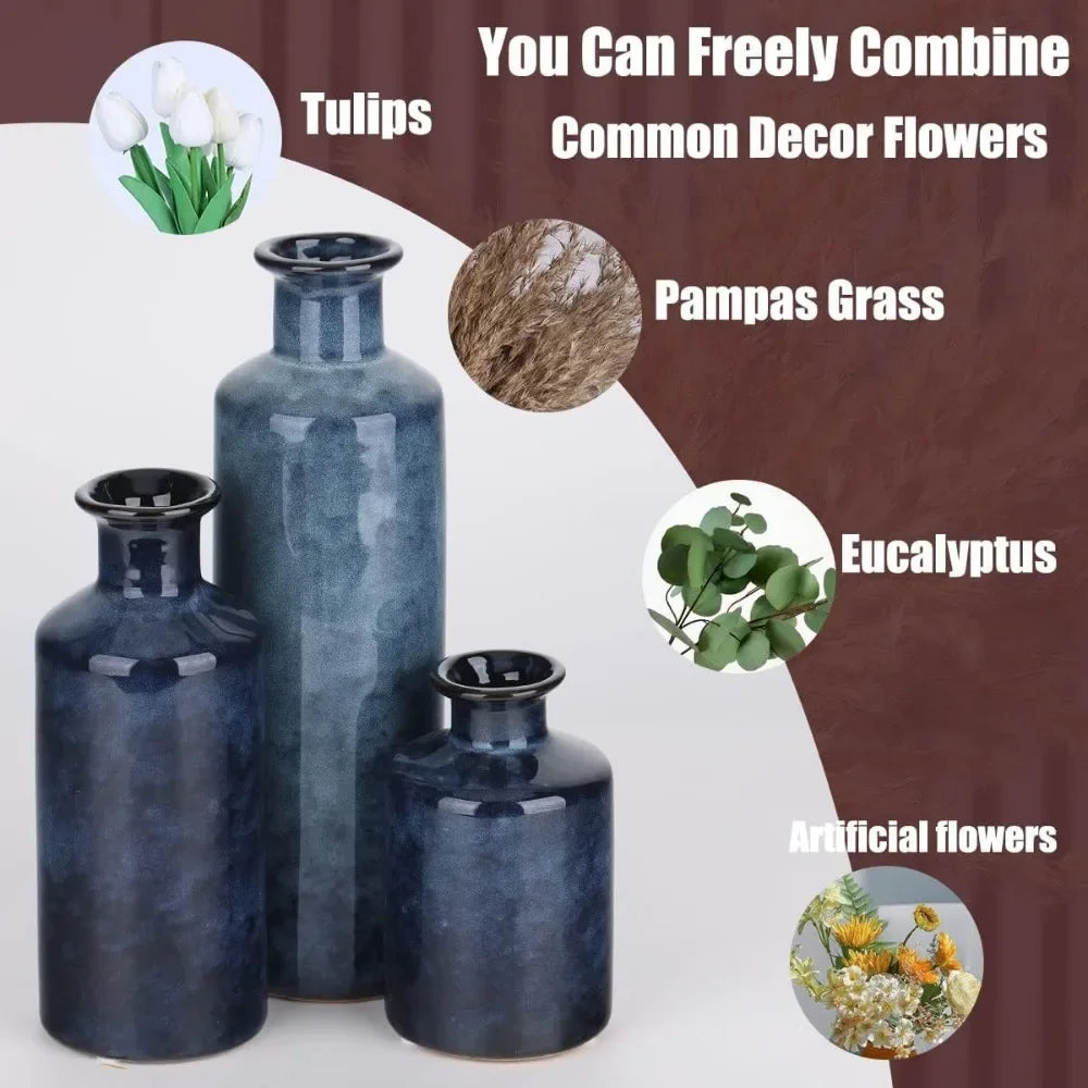 Blue Ceramic Vases Set - 3 Blue Small Vase, Farmhouse Country Blue Vases Home Decor, Living Room Decoration, Table Decoration