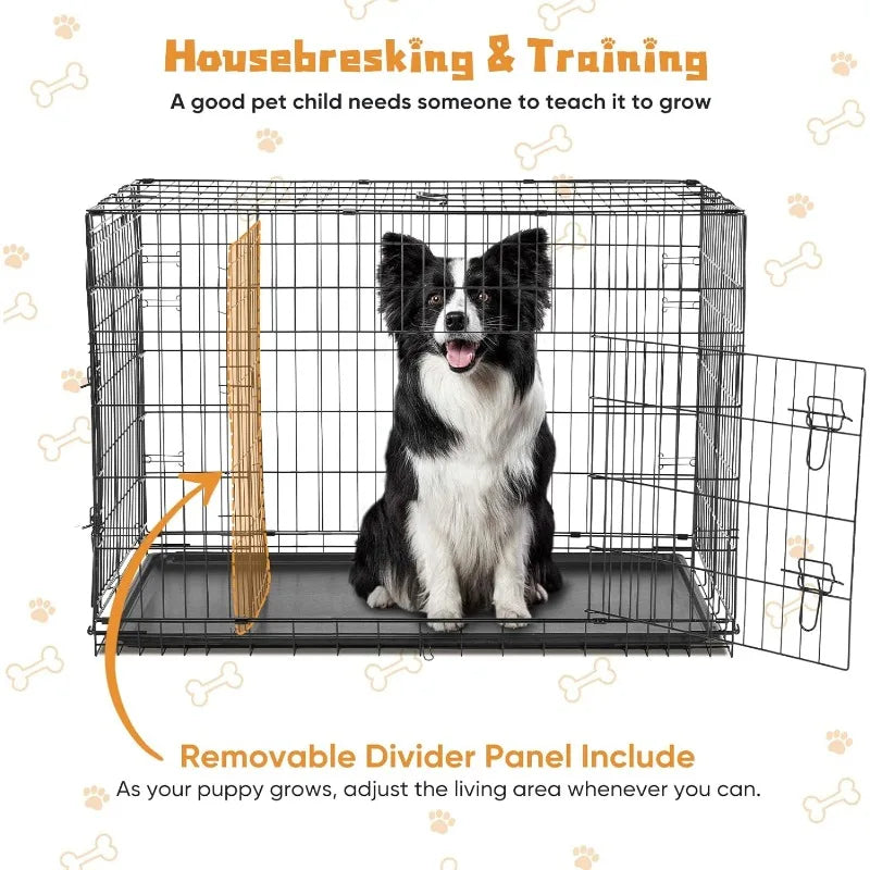 Dog Crate, 36 Inch Medium Double Door Dog Crate with Dividers and Plastic Leak-Proof Tray, Folding Wire Pet Cage
