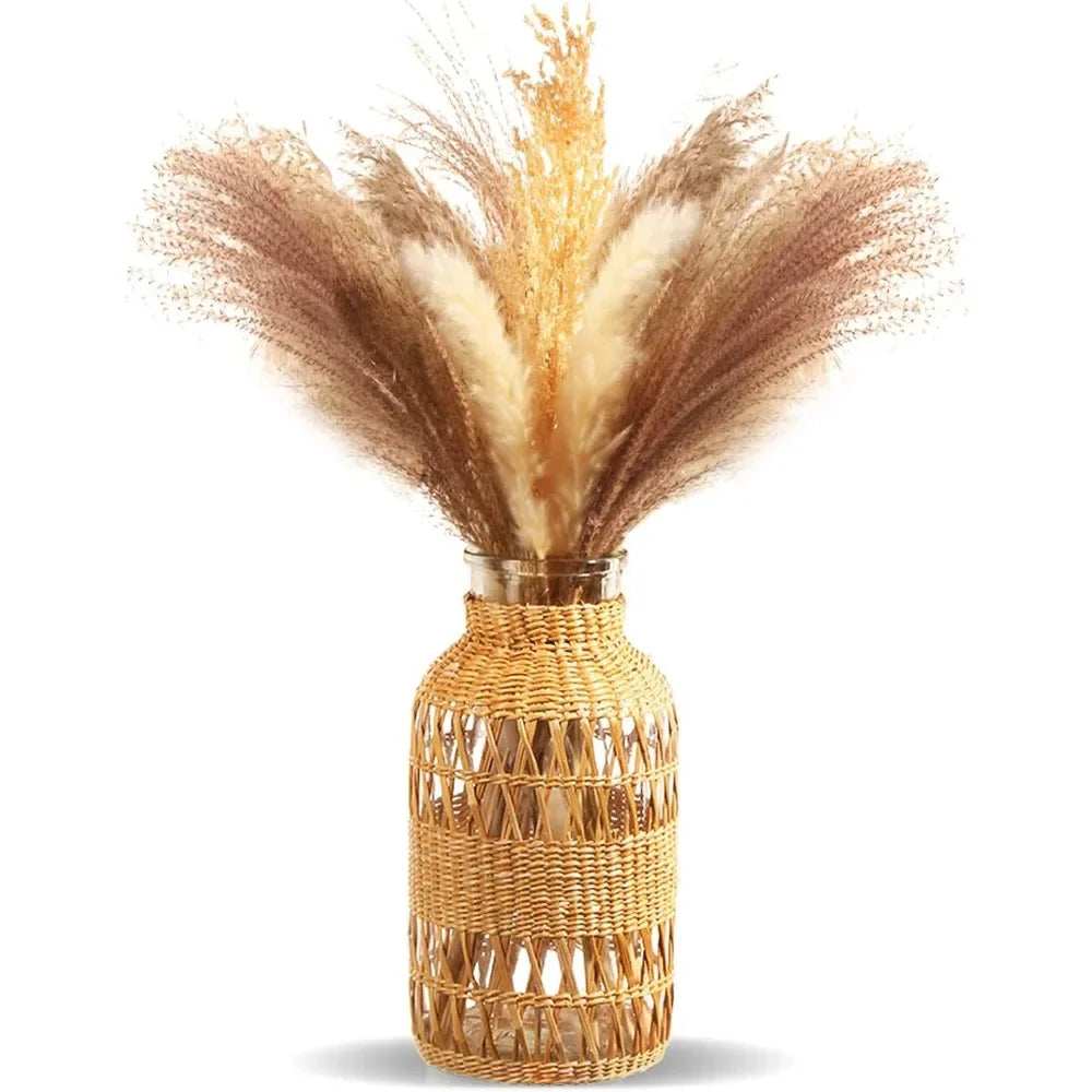 Rustic Farmhouse Vase, Hand Woven Boho Glass Vase for Home Decor, Artistic Decorative Dried Pampas Flower Vases for Bookshlef