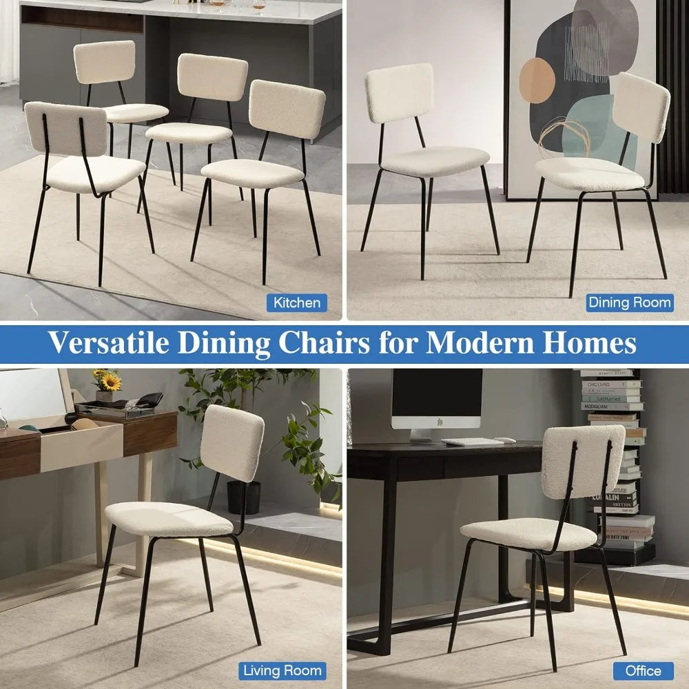 White Dining Room Chairs Set of 4 - Modern Boucle Fabric Kitchen Chairs, Accent Living Room Chairs with Metal Legs