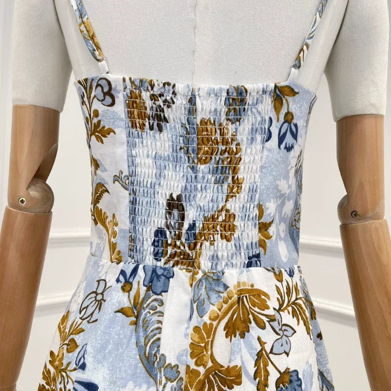 2024 Summer New Women Fashion Top Quality Blue Linen Vintage Floral Print Folds Camisole Back Split Pencil Midi Dress