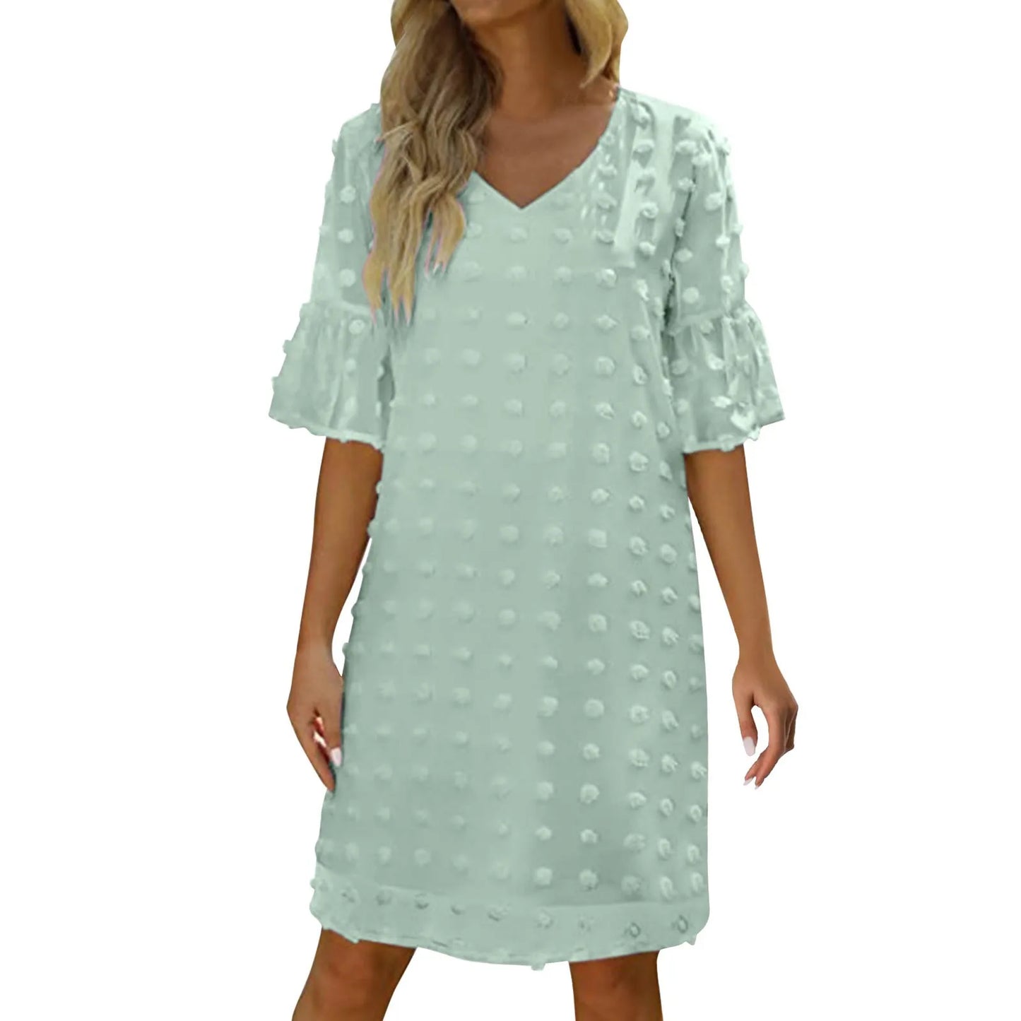 2024 Summer Beach Casual Dress For Women Solid Color V-Neck Flare Sleeve Short Dresses Polka Dot Flowy Temperament Ladies Dress