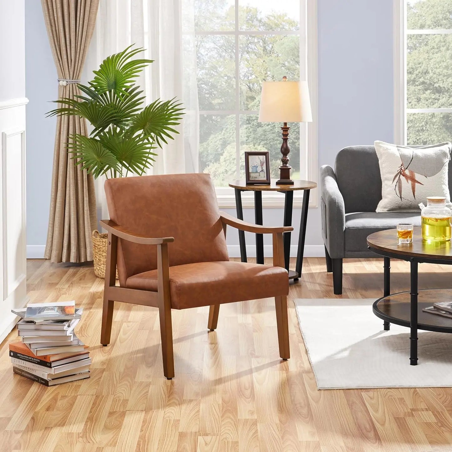 PU Leather Accent Chair, Mid-Century Modern Armchair with Solid Wood Legs, Reading Leisure Chair with High Back for Living Room