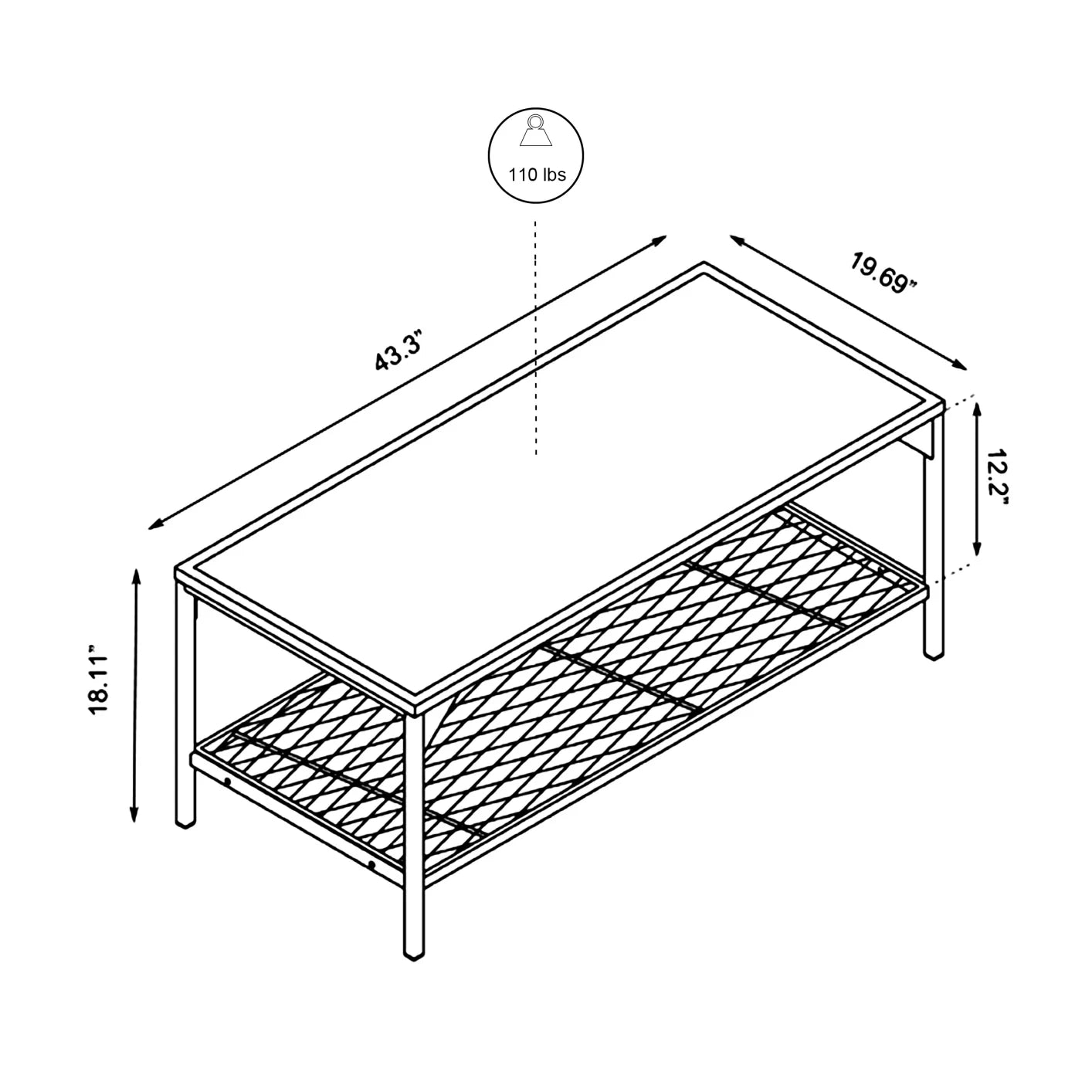 Coffee Table TV Stand W/3D Texture Metal Frame&Mesh Storage Shelf Moisture-Proof Water-Proof Scratch-Resistant for Living Room