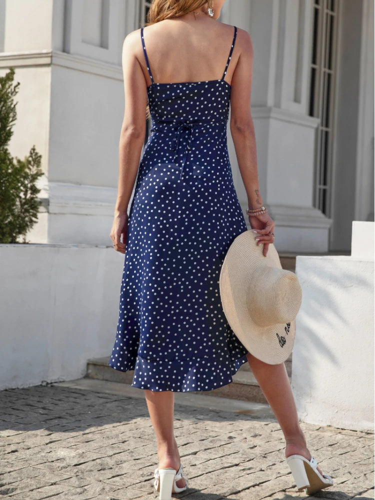 Women Camisole Dresses Fashion Polka Dot Print Spaghetti Strap Midi Sundress Summer Beach Party V-Neck Sleeveless Vestidos Femme