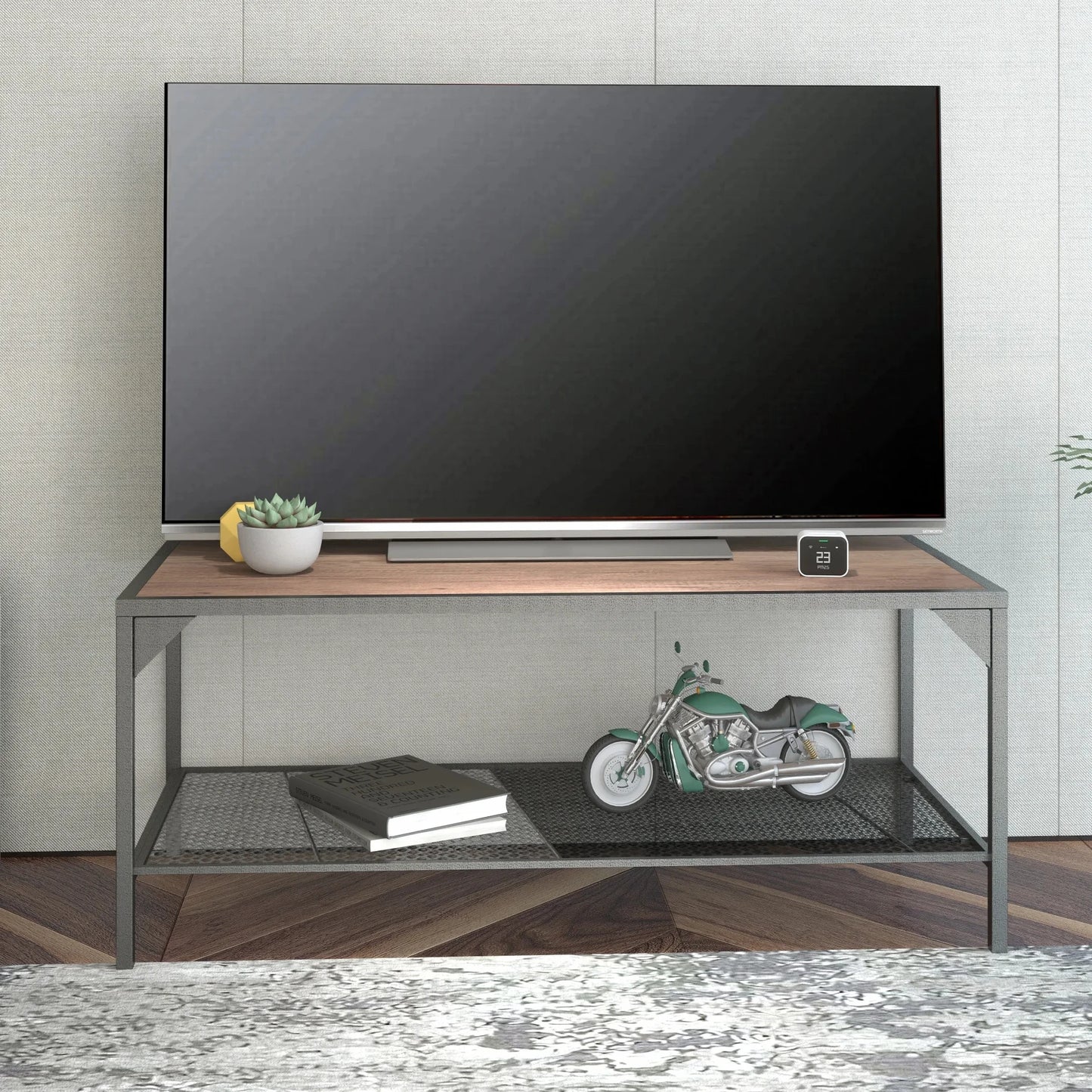 Coffee Table TV Stand W/3D Texture Metal Frame&Mesh Storage Shelf Moisture-Proof Water-Proof Scratch-Resistant for Living Room