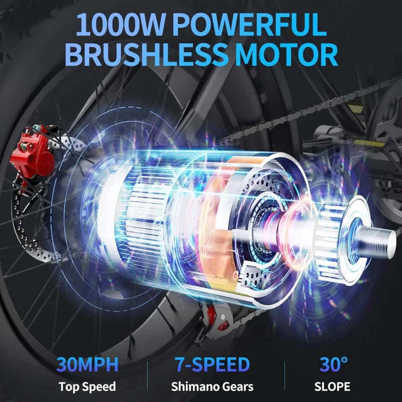 Bike for Adults, 1000/2000W, 25/30/37MPH,48V-52V, 20AH,40AH Battery, Max 50-180 Miles Electric Motorcycle, 20" Fat