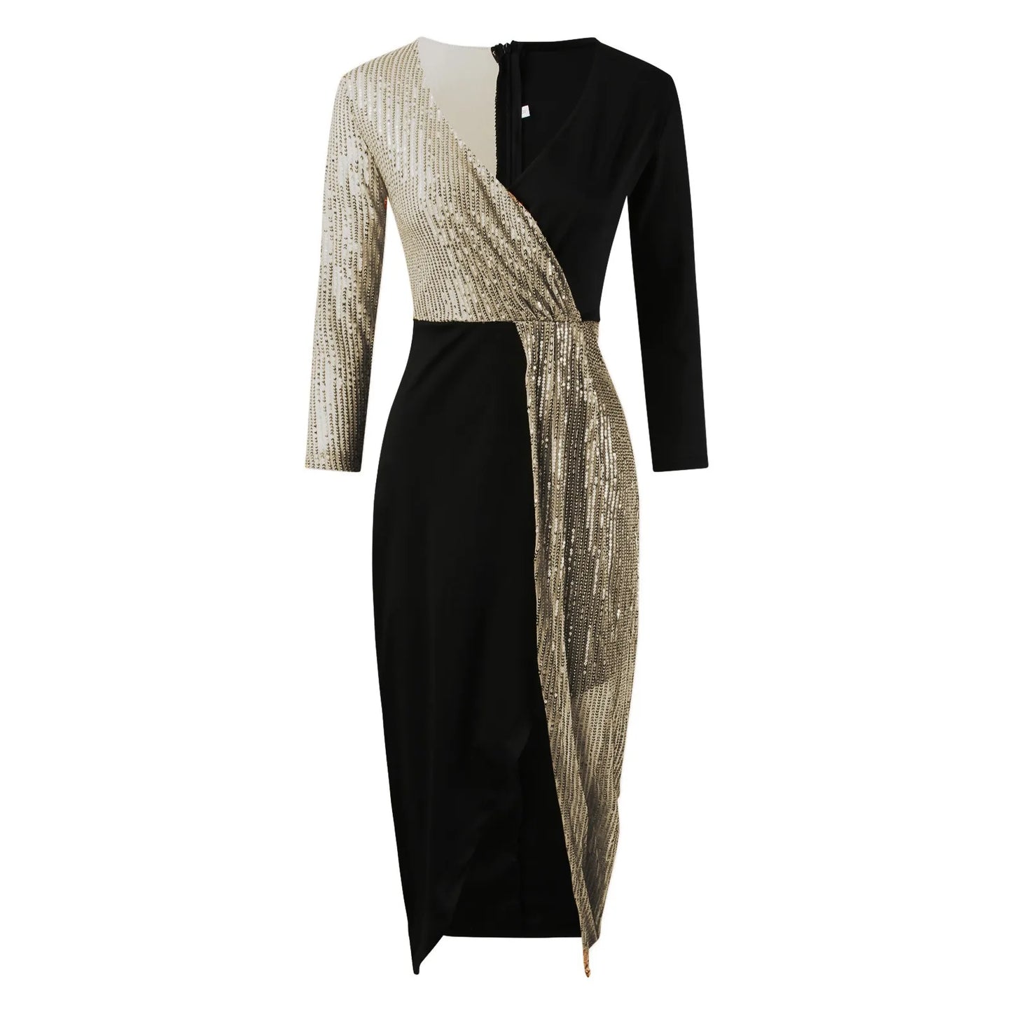 2024 New Luxury High Waist Party Dress Elegant Black Gold Sequins Splice Long Sleeve Prom Split Women Midi Dresses Vestidos