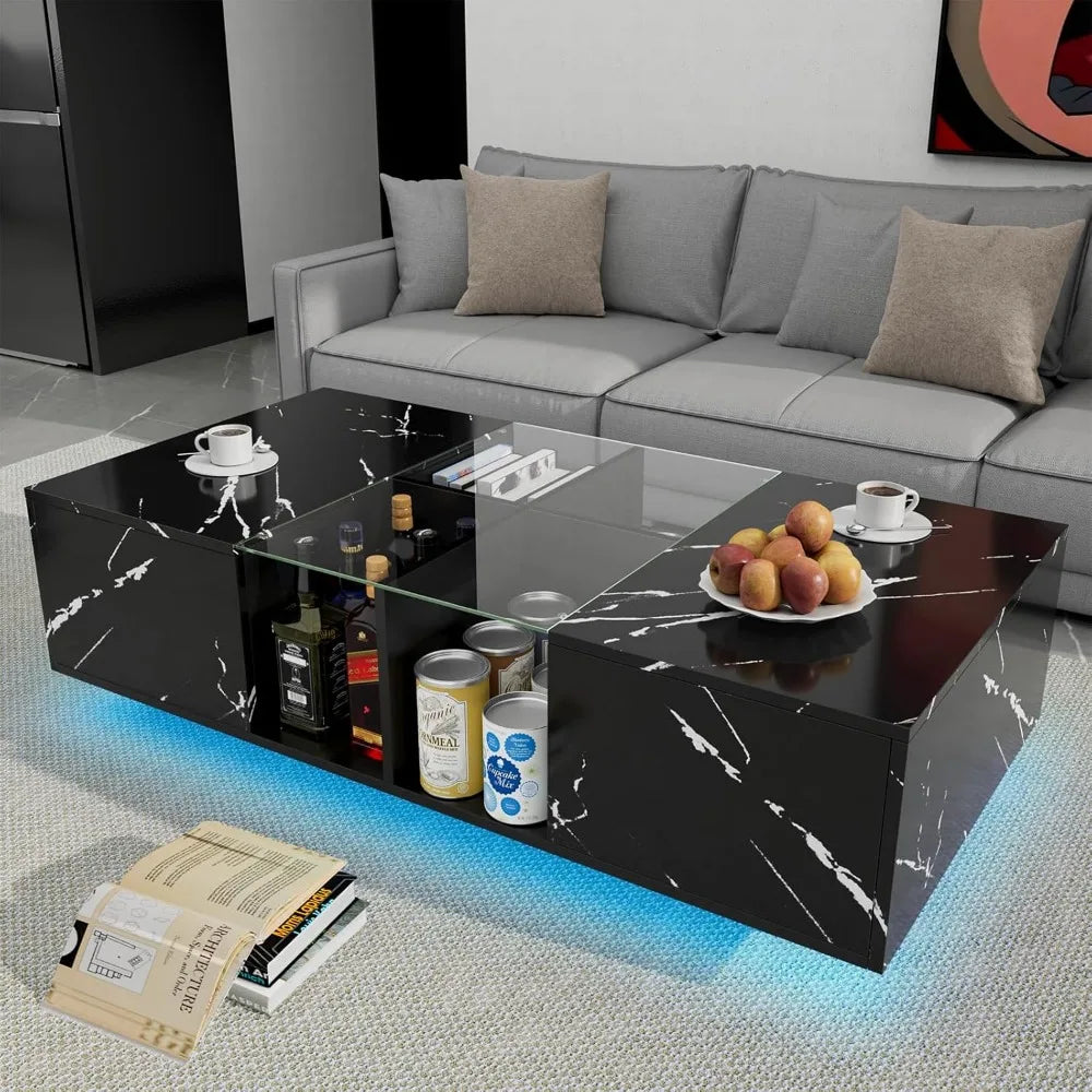 Coffee Table with Storage Space, LED Modern Rectangular Wooden Coffee Table, Artificial Marble Glass Center Table