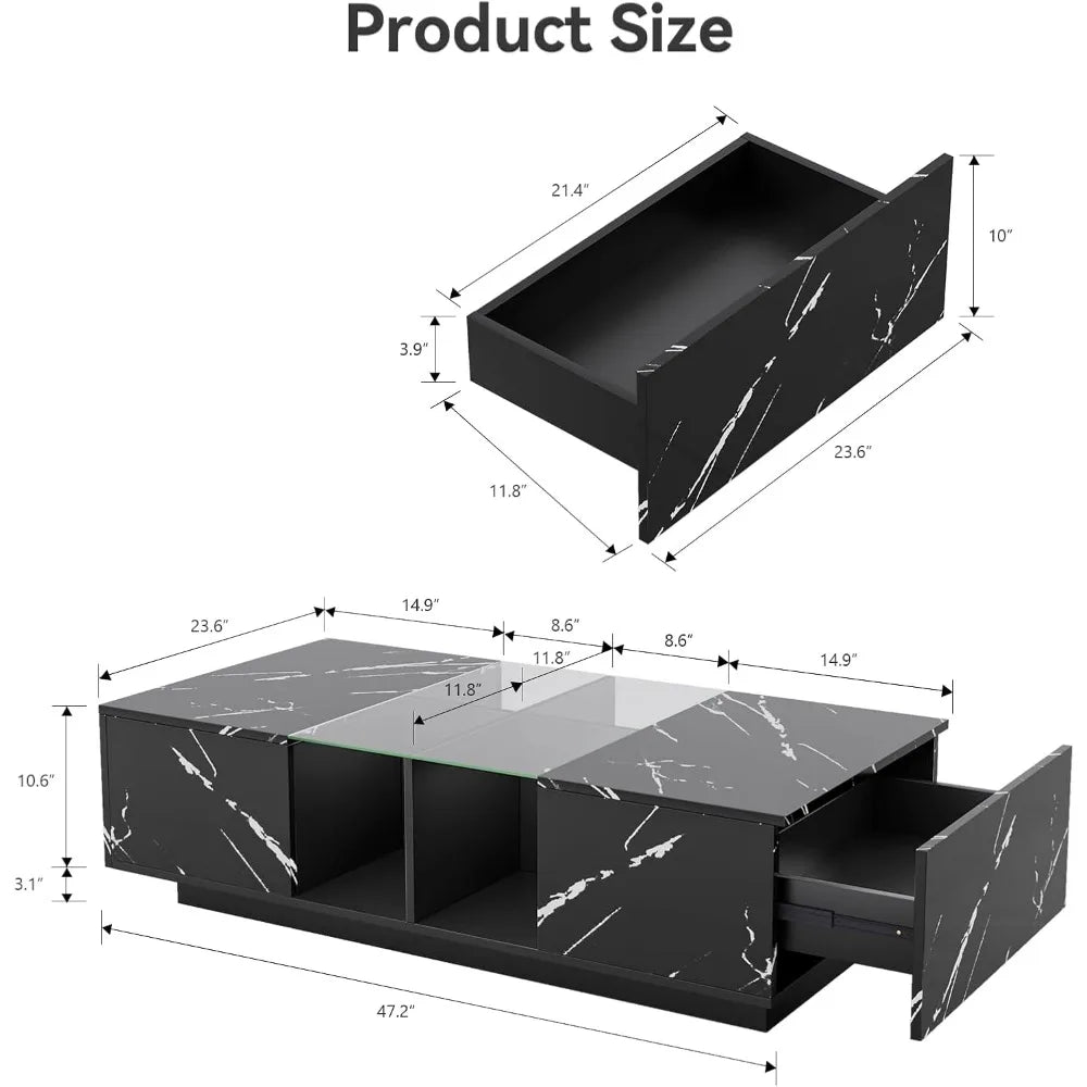 Coffee Table with Storage Space, LED Modern Rectangular Wooden Coffee Table, Artificial Marble Glass Center Table