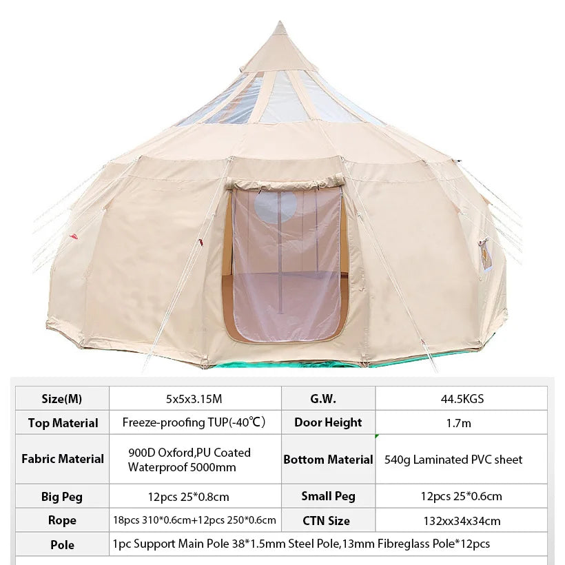 Camping Family Outdoor Water Drop Canvas Tents Glamping Luxury Hotel 5m Cotton Khaki Fabric Oxford Dome Glamping Tent