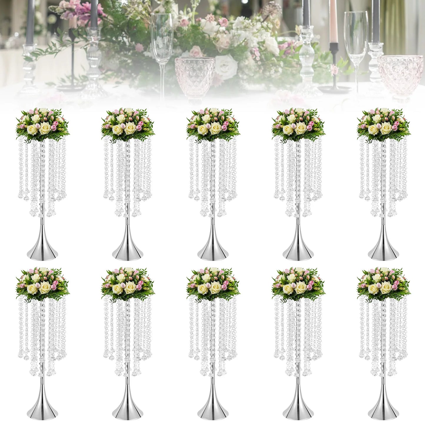 10Pcs Crystal Flower Vases Wedding Centerpieces Props Table Event Party Stage Tall Trumpet Vase 21.9"For Wedding Centerpiece