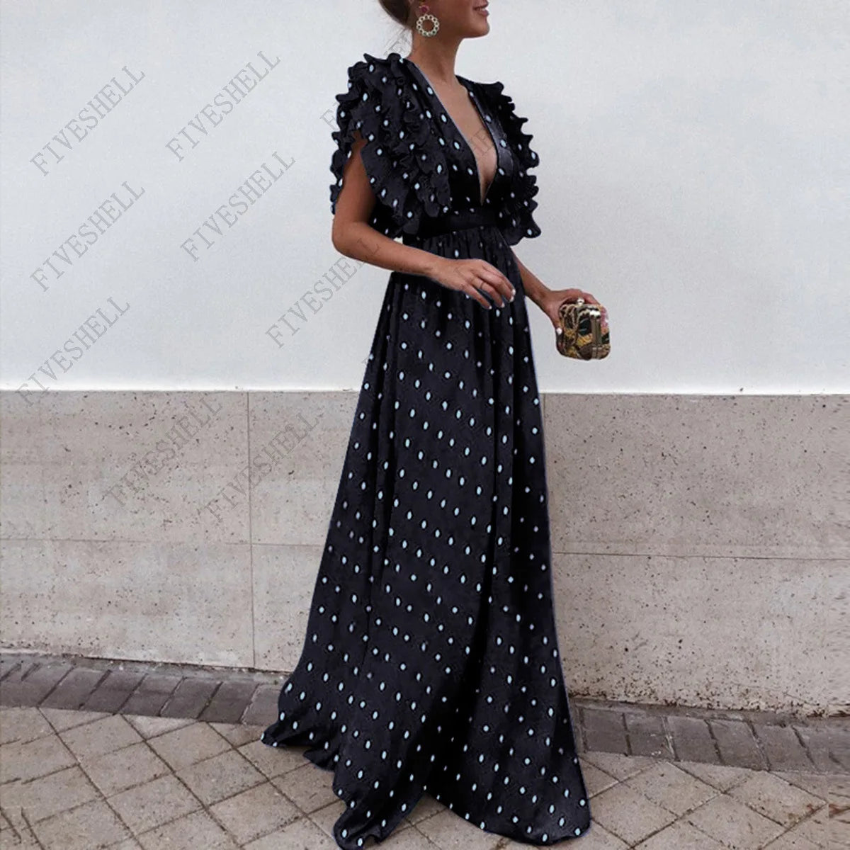 Medieval Polka Dot Chiffon Summer Bohemian Beach Dress Hollow Out Fit and Flare Maxi Women Dresses V Neck Patchwork Vestidos
