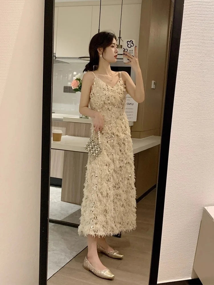 Women Fashion Summer Straps Dress Sexy V-Neck Party Shiny Sequin Tassel Long es High Waist Elegant Sleeveless A-Line