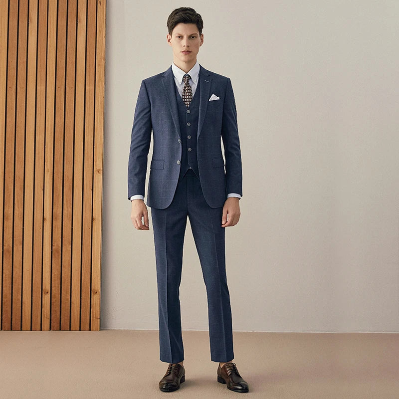 Blue Plaid Men Suit Set Groom Wedding Dress Business Man Wear Slim Style Casual Blazer Vest Pant Set Plus Size 56A