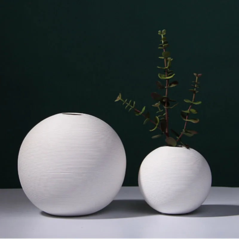 White ball shape flower vase ceramic pot artifical flowers holder home office entrance shelf decoration round 13 & 18cm size