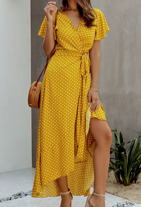 Hot Summer Casual Women's Elegant Dresses Boho Polka Dot Sexy Deep V-Neck Ruffles Slim Long Dress Holiday Leisure dress Sundress