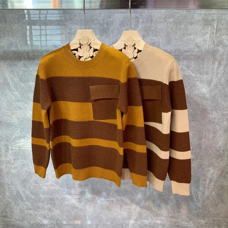 Style Korean Fashion Striped Contrast Warm Knitting Tops Pockets Casual Men Clothing Autumn Winter Men New Pullover Sweaters