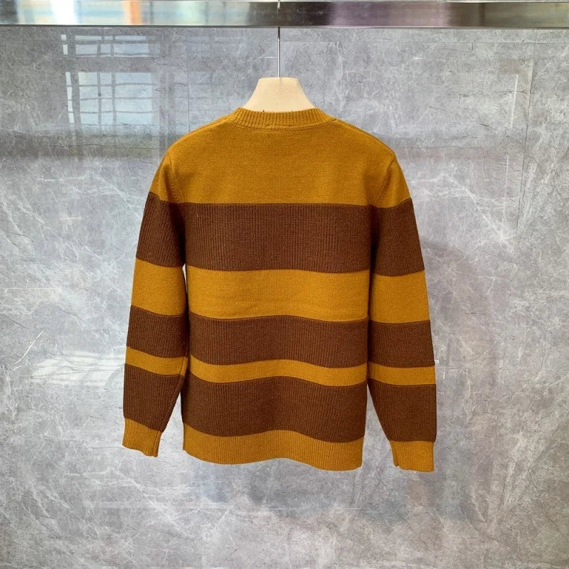 Style Korean Fashion Striped Contrast Warm Knitting Tops Pockets Casual Men Clothing Autumn Winter Men New Pullover Sweaters