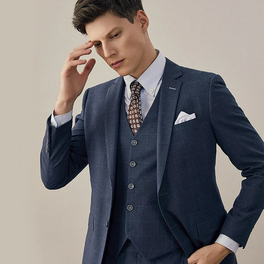 Blue Plaid Men Suit Set Groom Wedding Dress Business Man Wear Slim Style Casual Blazer Vest Pant Set Plus Size 56A