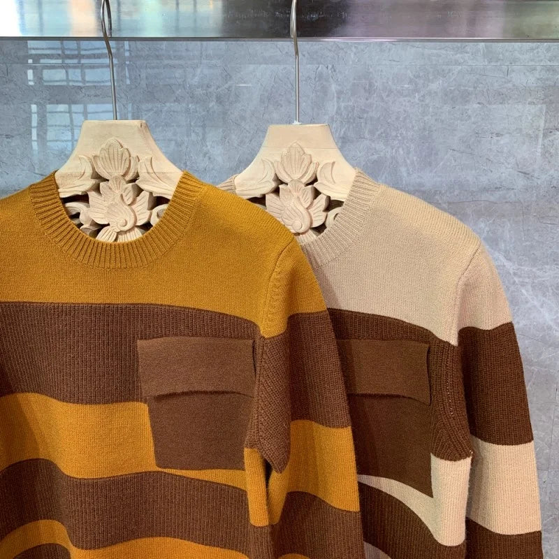 Style Korean Fashion Striped Contrast Warm Knitting Tops Pockets Casual Men Clothing Autumn Winter Men New Pullover Sweaters