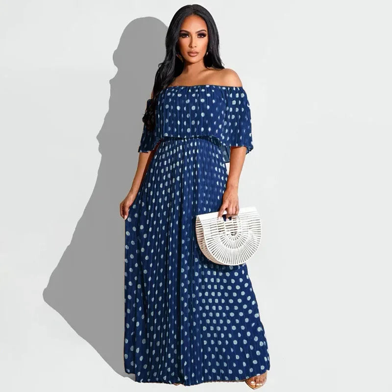 KEXU Polka Dot Off Shoulder Butterfly Sleeve Big Swing Fit Flare Maxi Long Women Dress 2024 Summer Holiday Boho Sundress