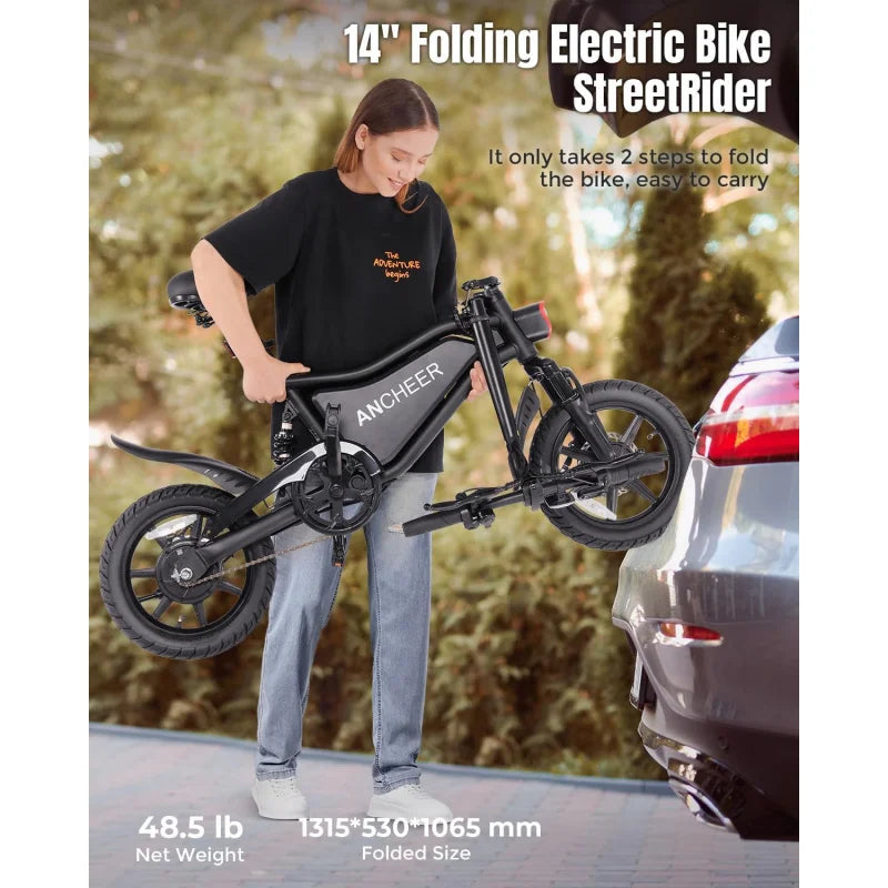 QANCHEER 14" Folding Electric Bike, 22MPH Ebike, Triple Shock Absorber, 48V 374Wh Battery Up to 45 Miles, Brake Taillight,
