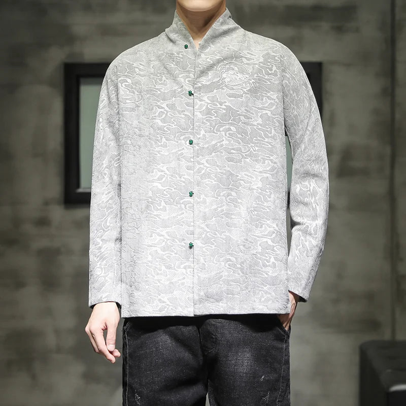 Chinese Traditional Dress Plus Size Shirt Men Clothing Vintage Hanfu Tai Chi Kung Fu Tops Ethnic Style Embossed Casual Thin Coat