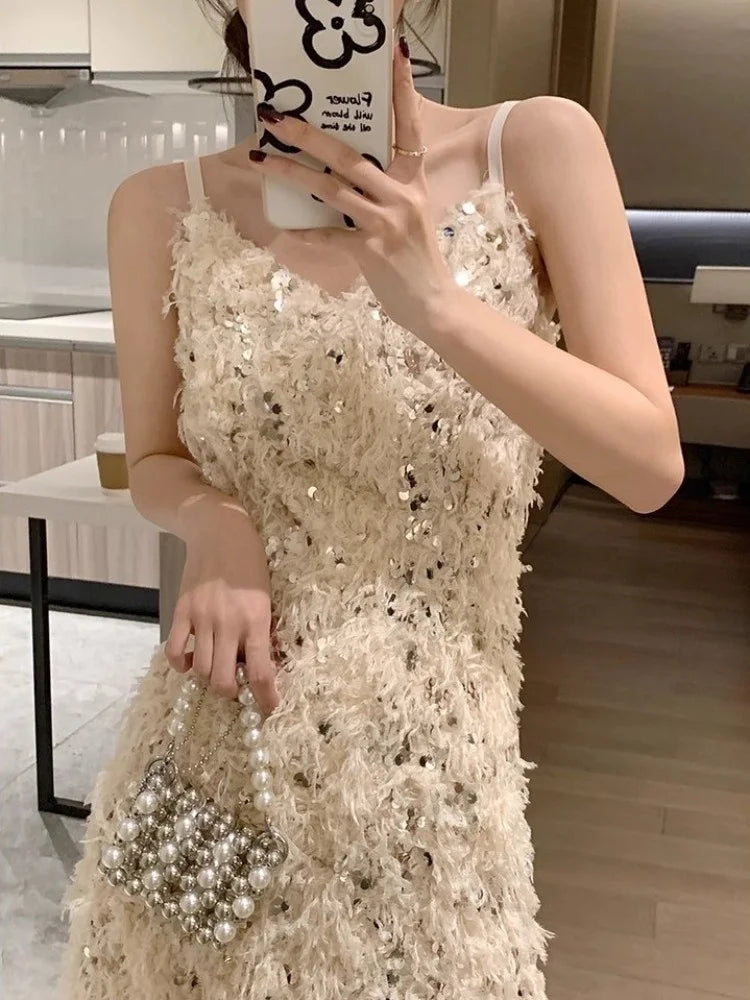 Women Fashion Summer Straps Dress Sexy V-Neck Party Shiny Sequin Tassel Long es High Waist Elegant Sleeveless A-Line