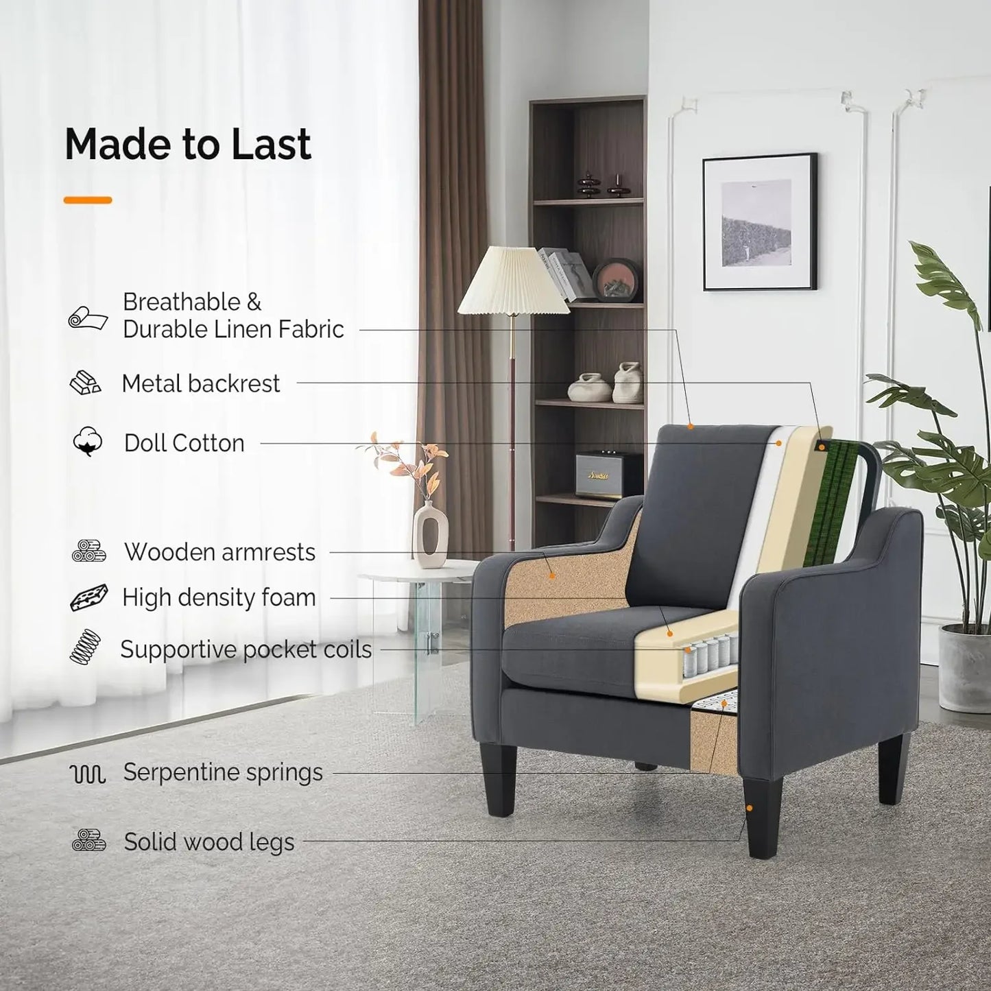 VINGLI Accent Chairs for Living Room Chairs Mid Century Modern Chair Sofa Chair Upholstered Arm Chair with Scooped Arms for Bedr