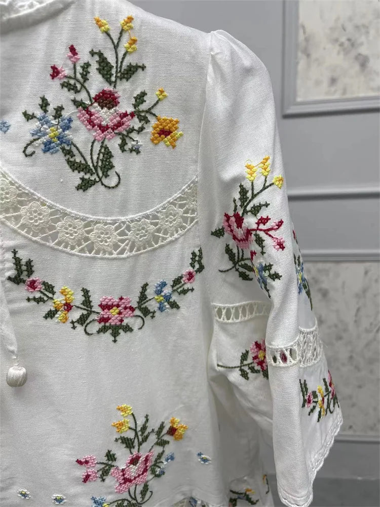 Cotton Linen Women Floral Print Midi Dress Retro Lace Hollow Out Embroidery Short Sleeve Robe for Ladies 2024 Early Autumn