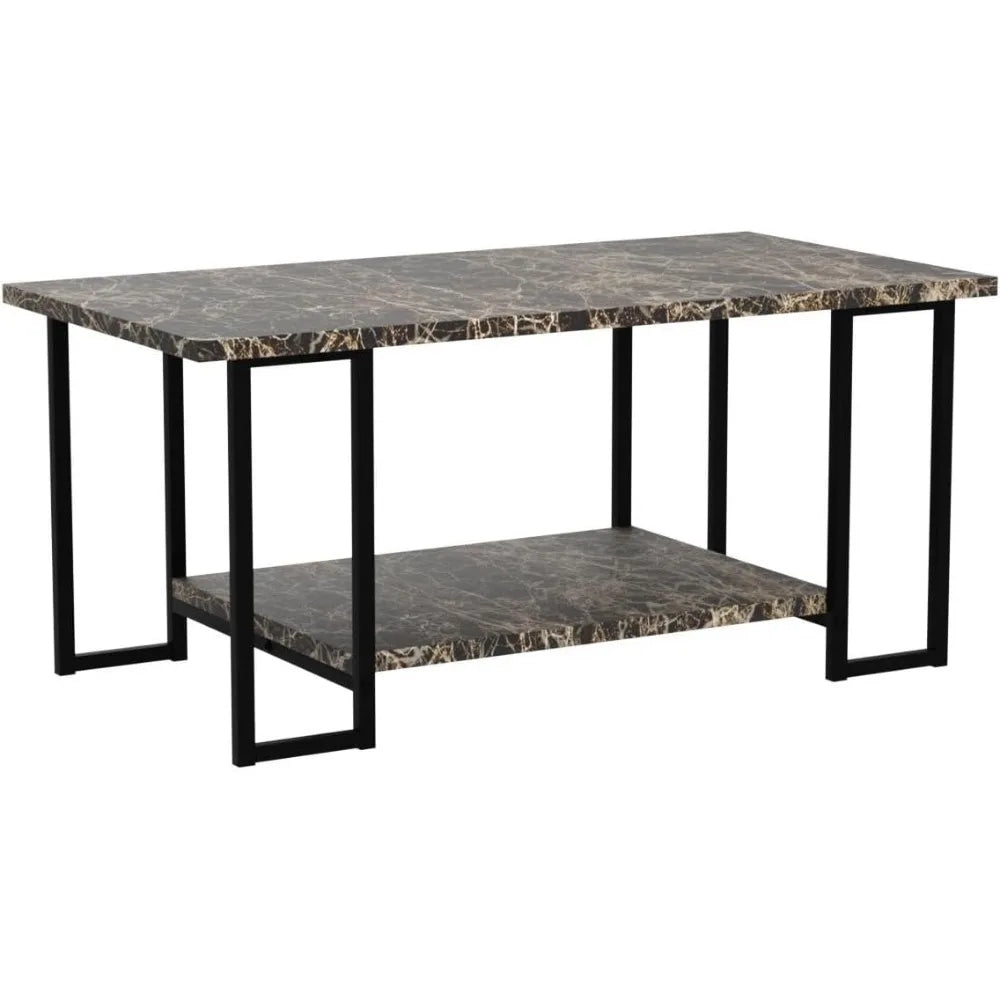 Marble Coffee Table, Imitation Marble Tabletop Rectangular Coffee Table with Black Metal Frame, 2-story Living Room Table