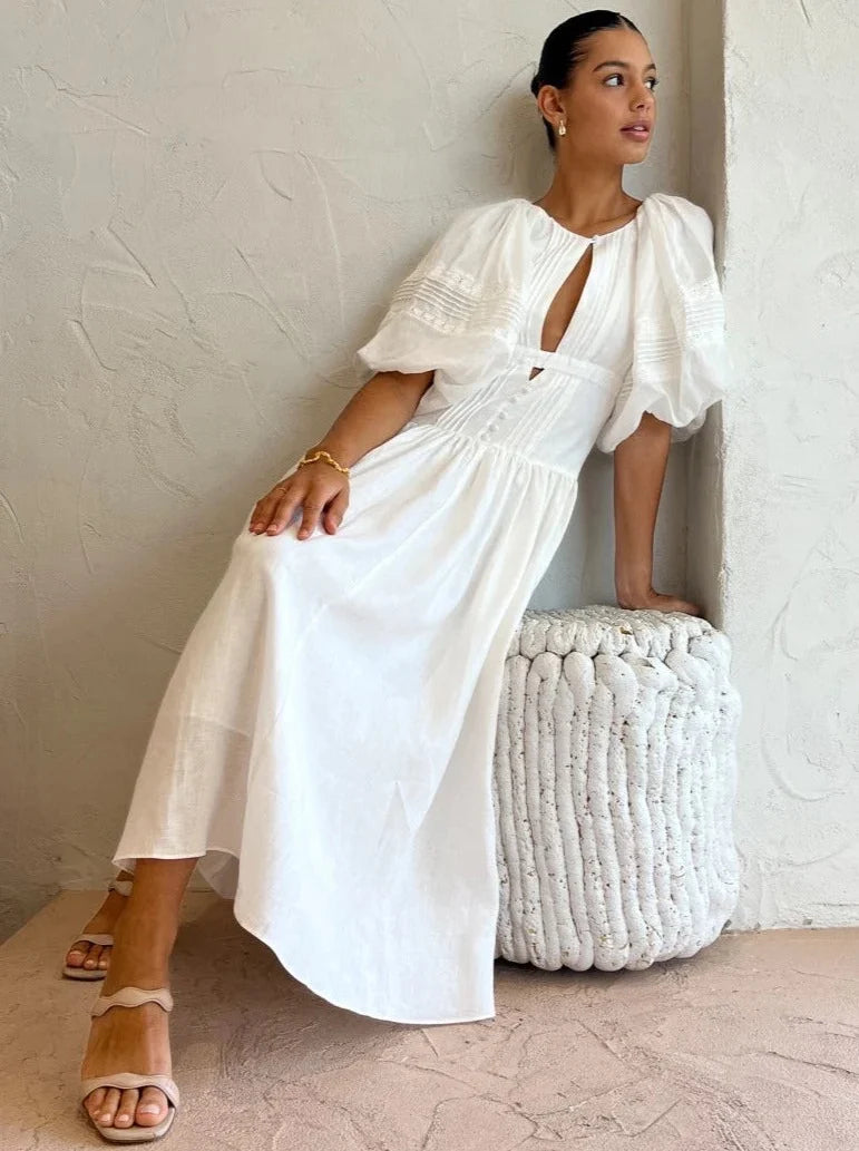 Women Lace Embroidery Linen Midi Dress O-Neck Short Lantern Sleeve Folds Decoration Lady long dress