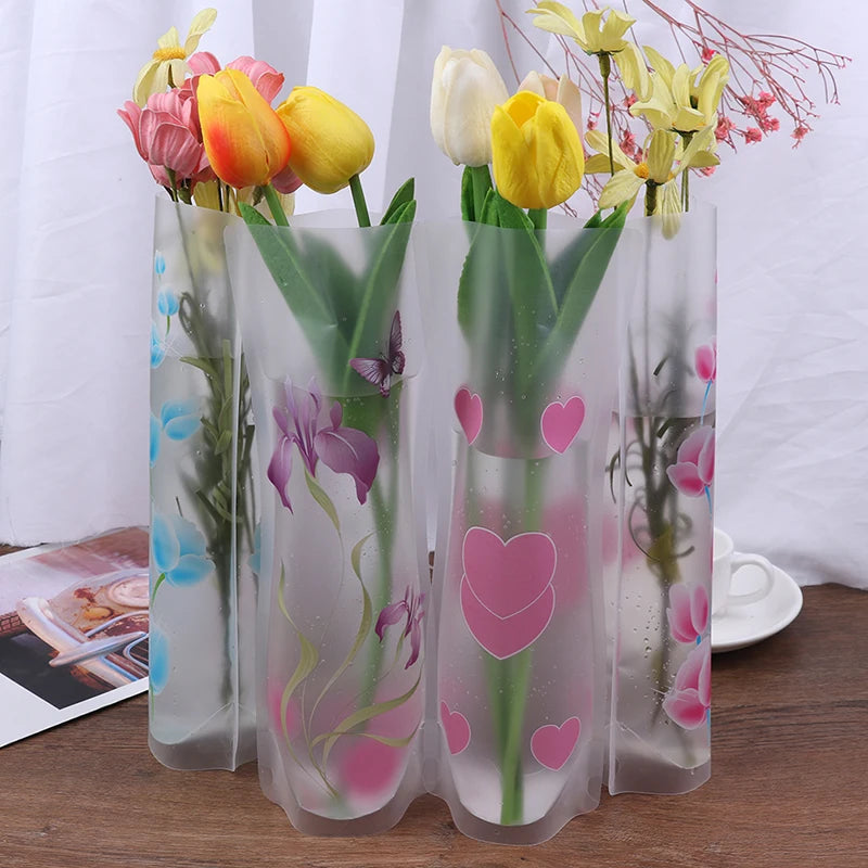 Foldable Plastic Vase Unbreakable Folding Chinese Style Reusable Flower Vase PVC Durable Decor Vase DIY Home Plant Decoration