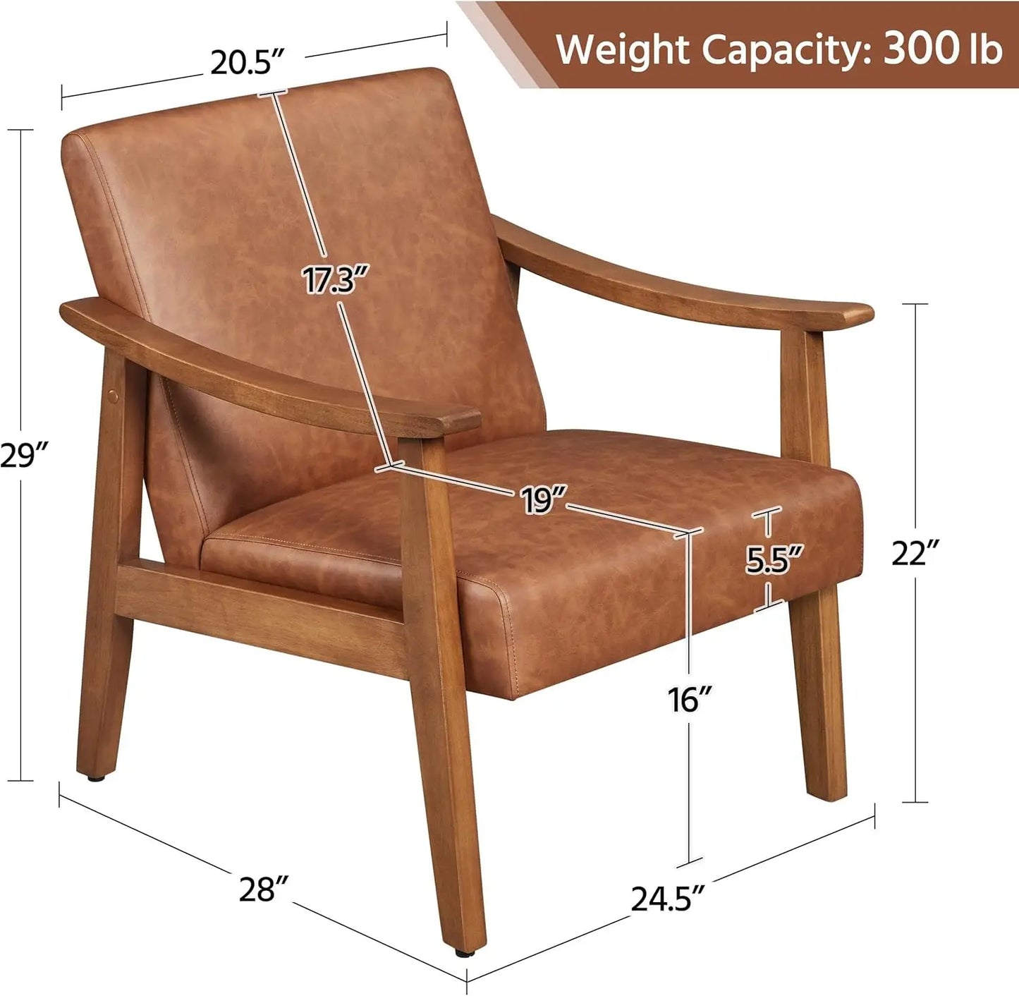 PU Leather Accent Chair, Mid-Century Modern Armchair with Solid Wood Legs, Reading Leisure Chair with High Back for Living Room