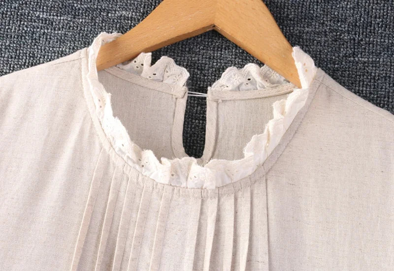 Spring Sweet Mori Girl Lace Spliced Floral Embroidery Cotton Linen Dress Women Long Sleeve Casual Loose Midi Dresses