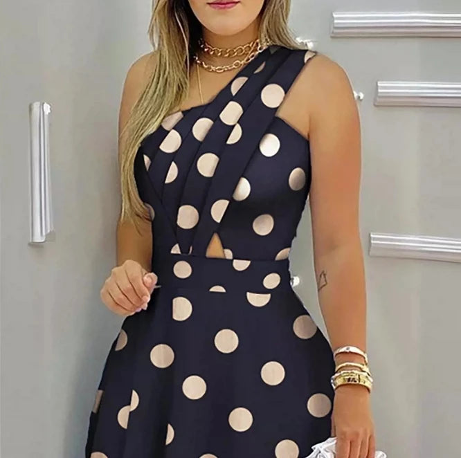 Diagonal Neckline Single Shoulder Sleeveless Polka Dot Print Cross Waisted Hollowed Out Design Long Fashionable and Casual Dress