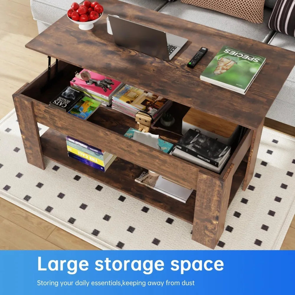 Elevated Coffee Table with Hidden Compartments and Storage Shelves Wooden Elevated Table Top Dining Table for Living Room Home