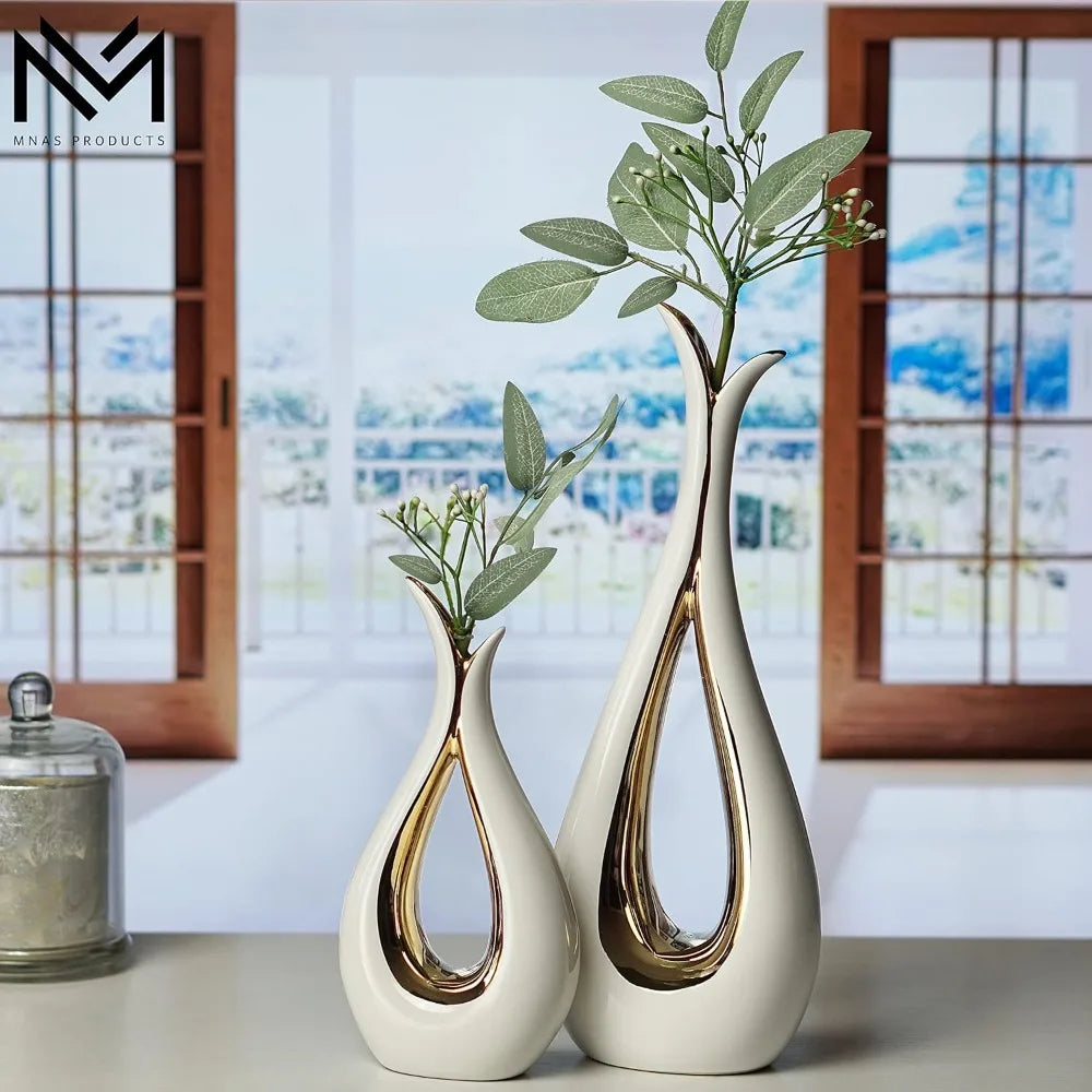 White Ceramic Decorative Vases, Set of 2, Nordic, Modern, Minimalist Design, for Home Decor, Bedroom, Weddings, Restaurants