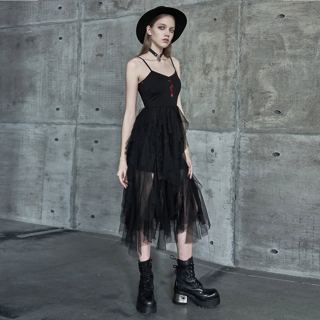 PUNKRAVE Women's Dress Gothic Rose Embroidered Lace Braces Dress Gothic Fashion Sleeveless Summer Mesh Strap Dress