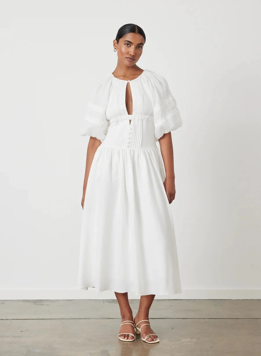 Women Lace Embroidery Linen Midi Dress O-Neck Short Lantern Sleeve Folds Decoration Lady long dress
