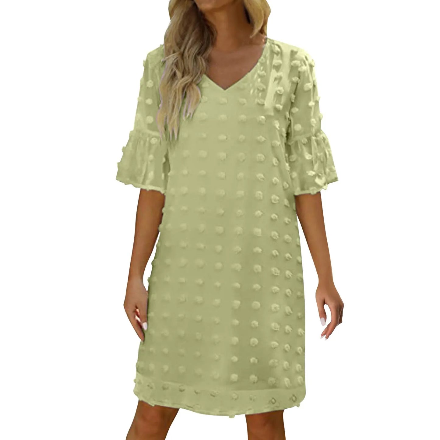 2024 Summer Beach Casual Dress For Women Solid Color V-Neck Flare Sleeve Short Dresses Polka Dot Flowy Temperament Ladies Dress